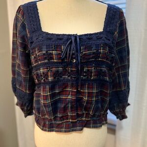 American Eagle Puff Sleeve Plaid Crop Top Prairie Lace Eyelet Blouse Size Large